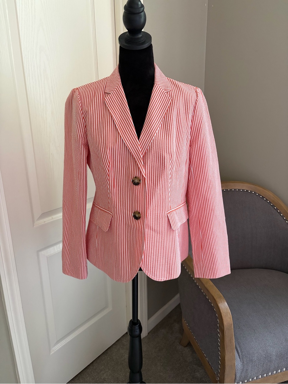 Talbots Coral and White Seersucker Stripe Blazer